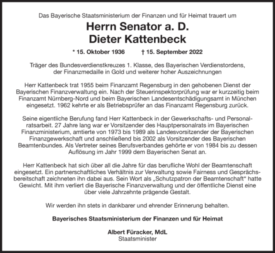 Traueranzeige von Dieter Kattenbeck von Süddeutsche Zeitung