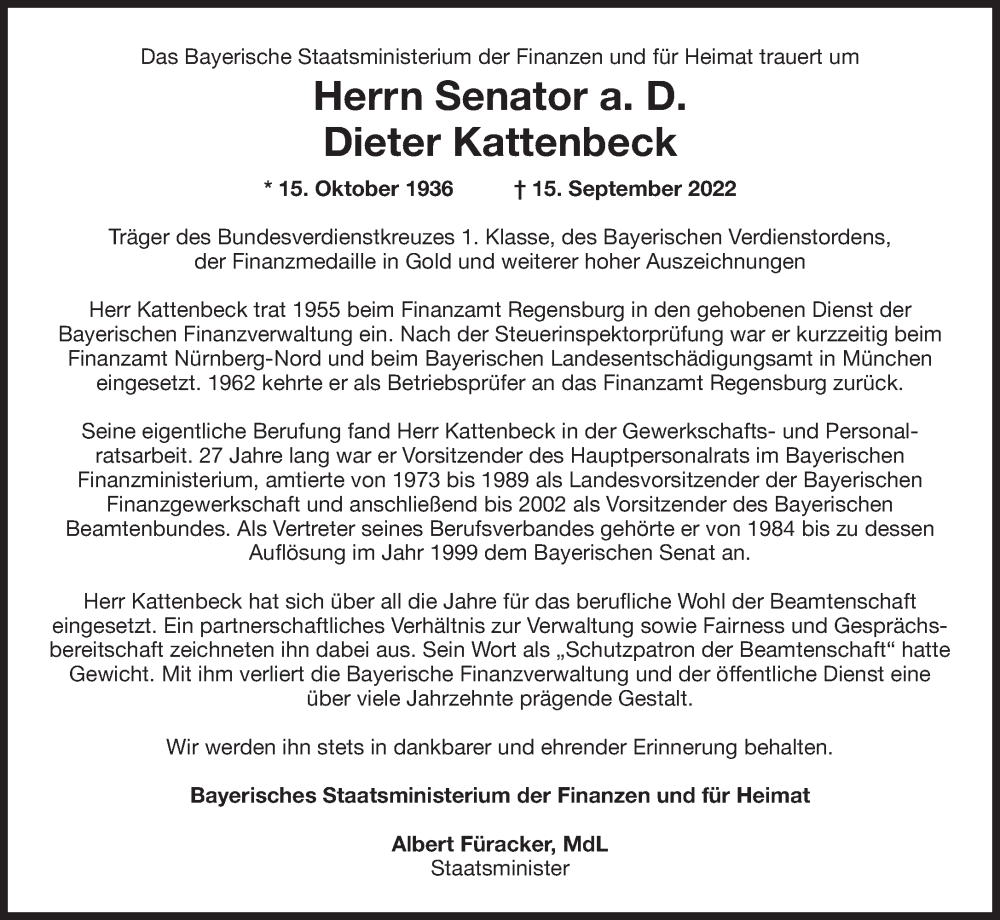  Traueranzeige für Dieter Kattenbeck vom 21.09.2022 aus Süddeutsche Zeitung