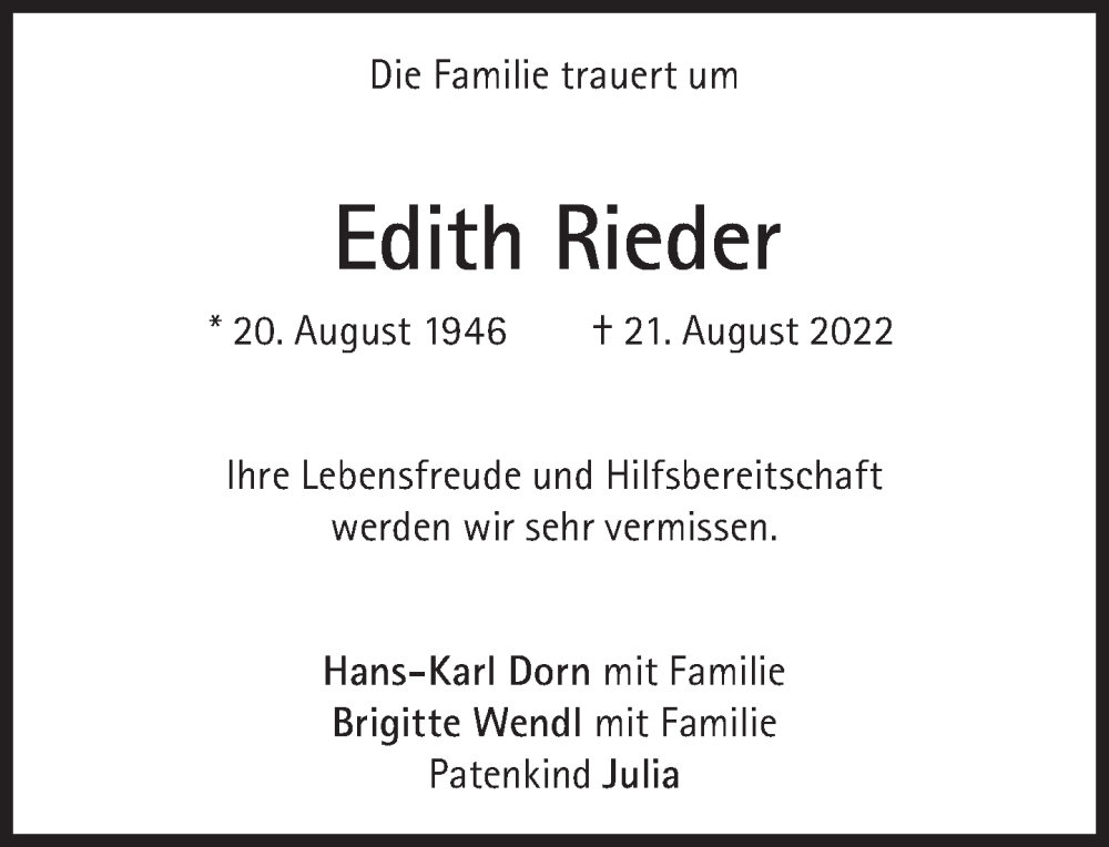  Traueranzeige für Edith Rieder vom 03.09.2022 aus Süddeutsche Zeitung