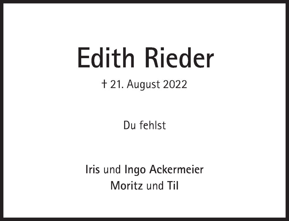  Traueranzeige für Edith Rieder vom 03.09.2022 aus Süddeutsche Zeitung