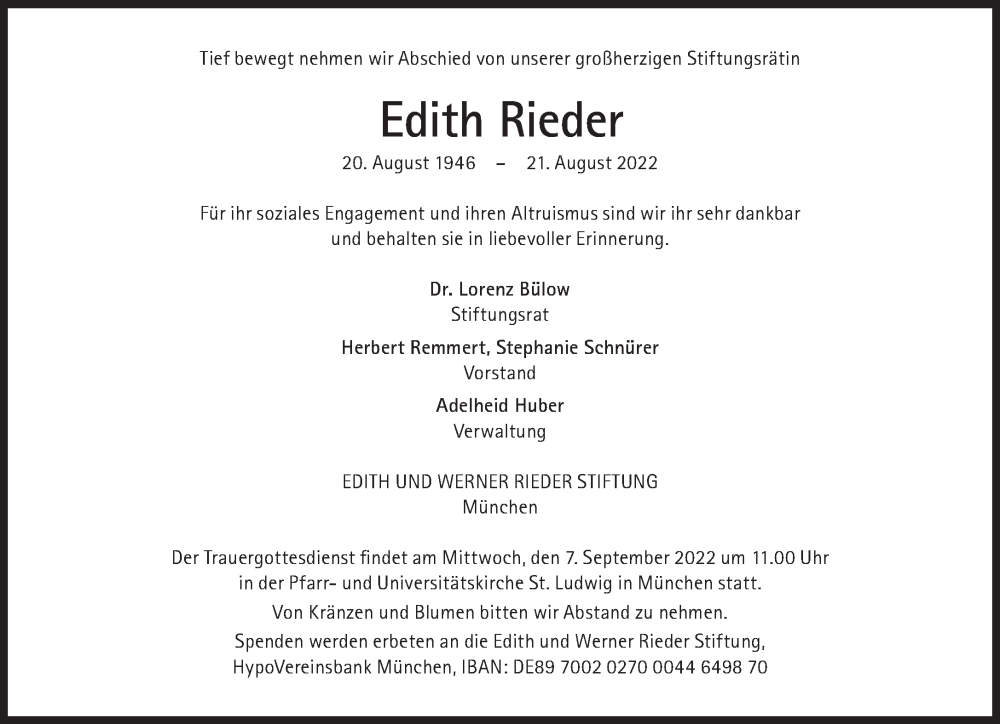  Traueranzeige für Edith Rieder vom 03.09.2022 aus Süddeutsche Zeitung