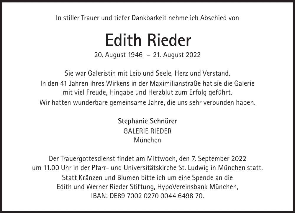  Traueranzeige für Edith Rieder vom 03.09.2022 aus Süddeutsche Zeitung