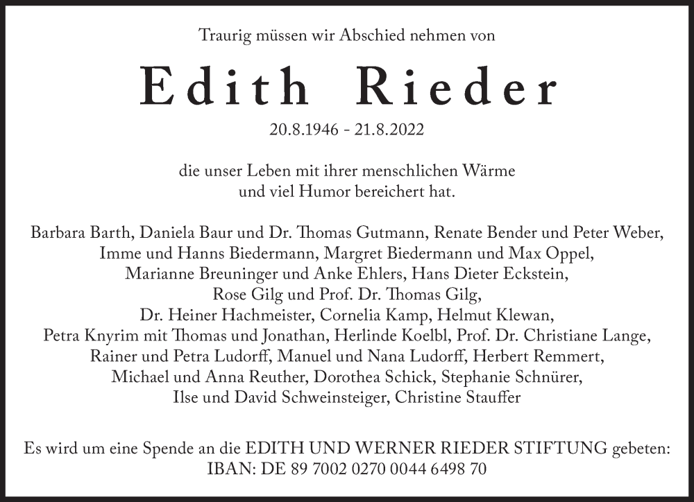  Traueranzeige für Edith Rieder vom 03.09.2022 aus Süddeutsche Zeitung