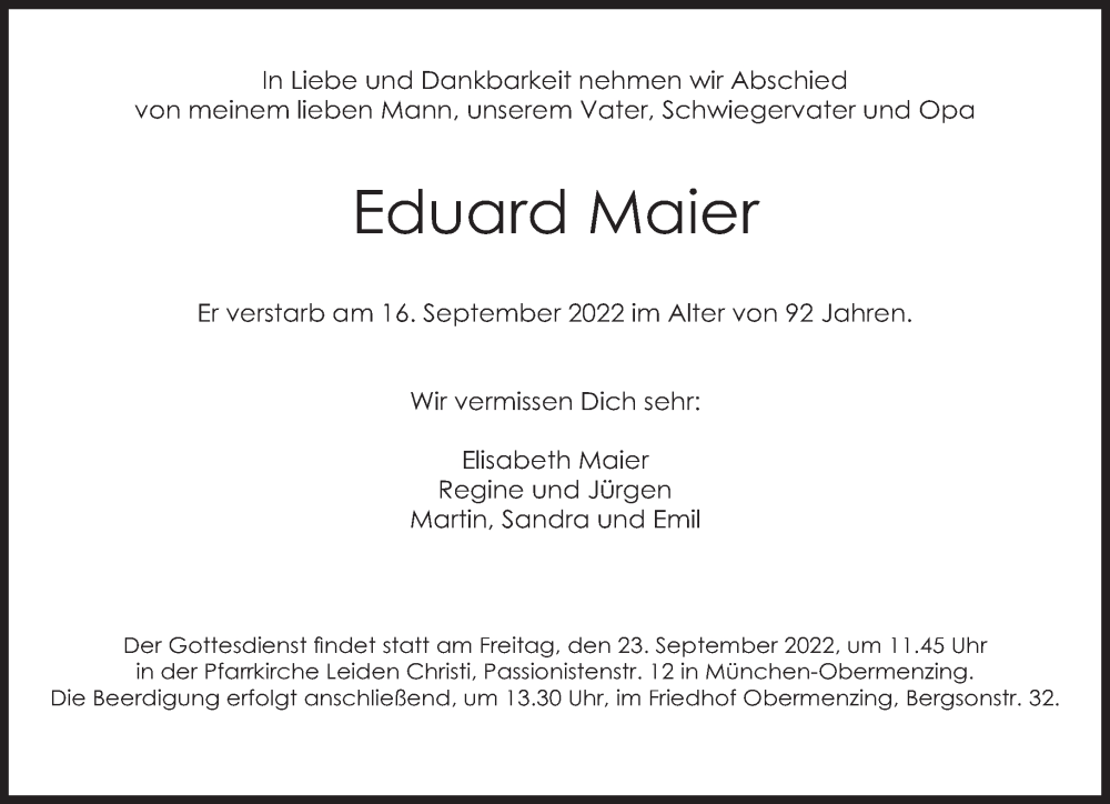 Traueranzeige für Eduard Maier vom 21.09.2022 aus Süddeutsche Zeitung