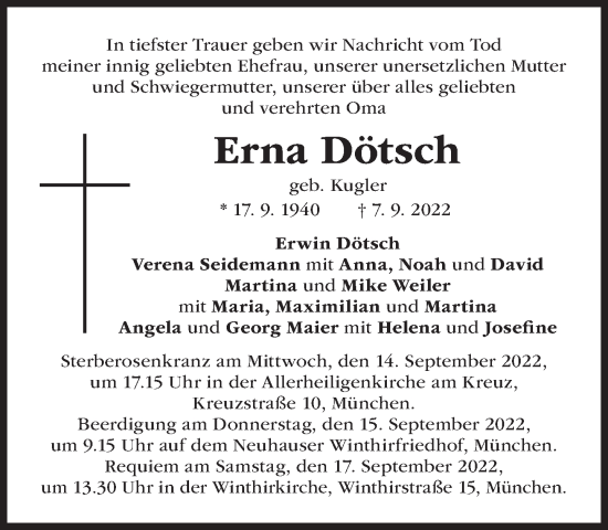 Traueranzeige von Erna Dötsch von Süddeutsche Zeitung