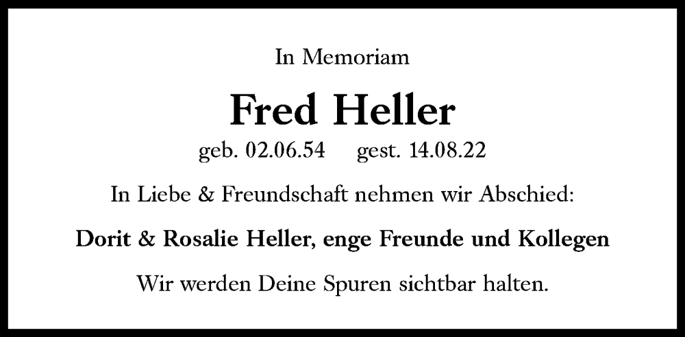  Traueranzeige für Fred Heller vom 17.09.2022 aus Süddeutsche Zeitung