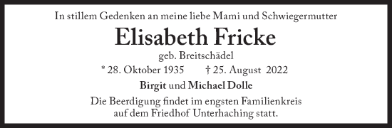 Traueranzeige von Fricke Elisabeth von Süddeutsche Zeitung