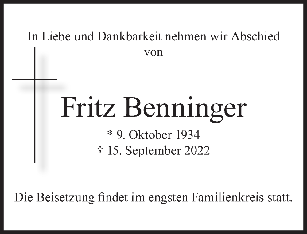  Traueranzeige für Friedrich Benninger vom 20.09.2022 aus Süddeutsche Zeitung