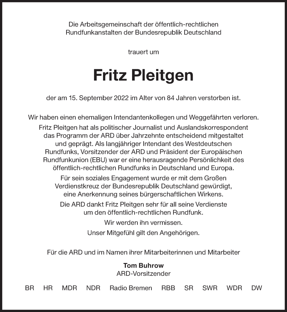  Traueranzeige für Fritz Pleitgen vom 24.09.2022 aus Süddeutsche Zeitung