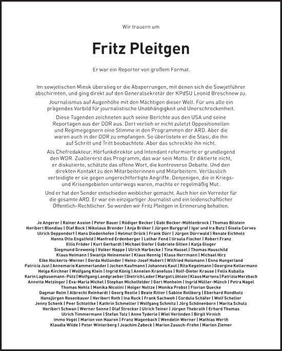 Traueranzeige von Fritz Pleitgen von Süddeutsche Zeitung
