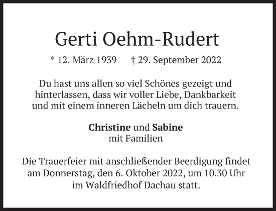 Traueranzeige von Gerti Oehm-Rudert von Süddeutsche Zeitung