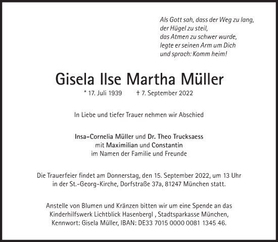 Traueranzeige von Gisela Ilse Martha Müller von Süddeutsche Zeitung