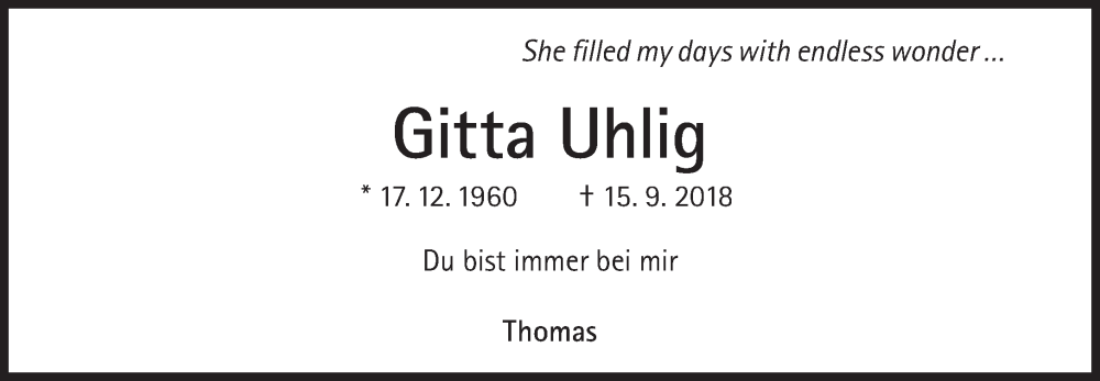  Traueranzeige für Gitta Uhlig vom 17.09.2022 aus Süddeutsche Zeitung