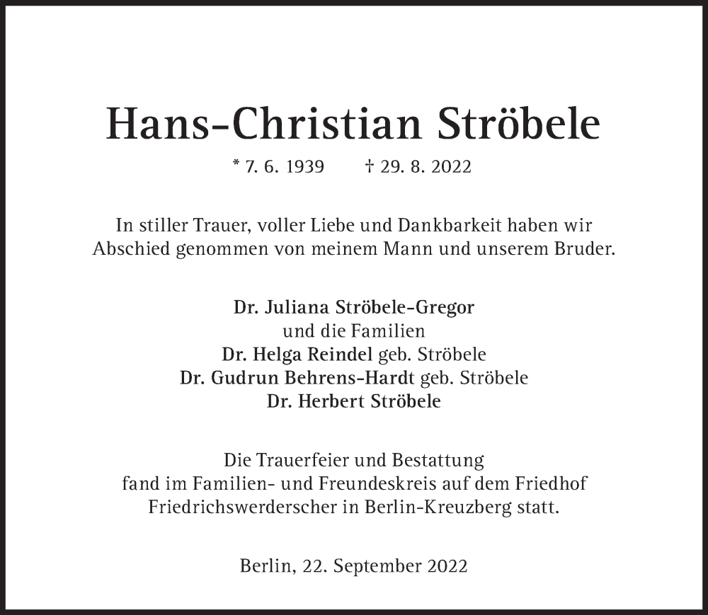  Traueranzeige für Hans-Christian Ströbele vom 24.09.2022 aus Süddeutsche Zeitung