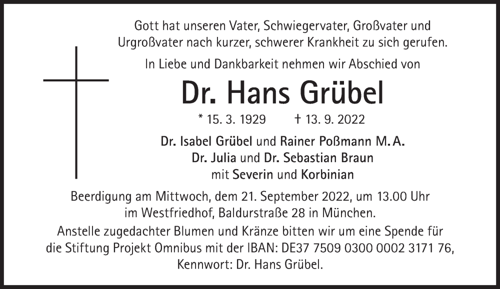 Traueranzeige für Hans Grübel vom 17.09.2022 aus Süddeutsche Zeitung
