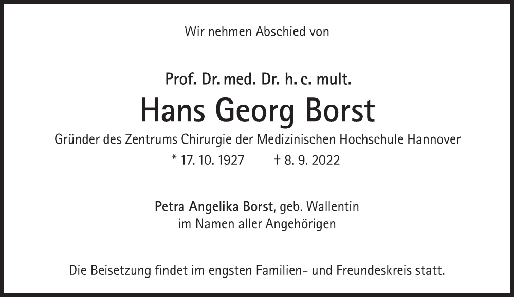  Traueranzeige für Hans Georg Borst vom 17.09.2022 aus Süddeutsche Zeitung