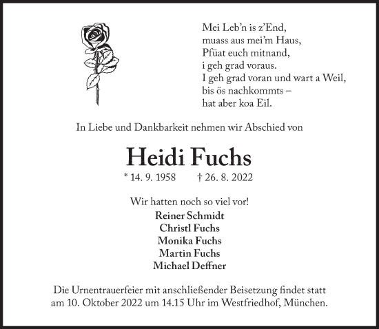 Traueranzeige von Heidi Fuchs von Süddeutsche Zeitung