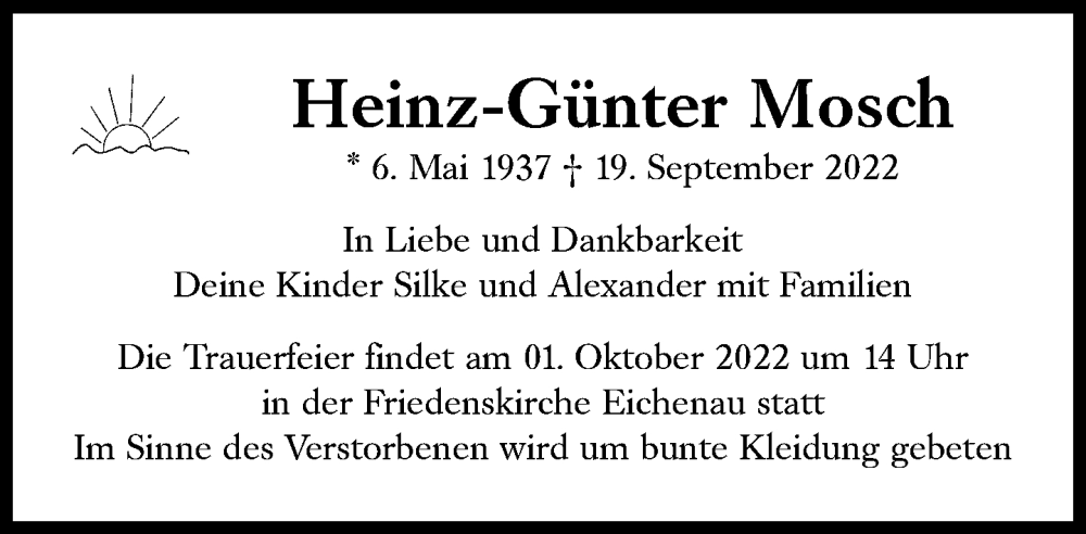  Traueranzeige für Heinz-Günter Mosch vom 24.09.2022 aus Süddeutsche Zeitung