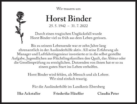 Traueranzeige von Horst Binder von Süddeutsche Zeitung