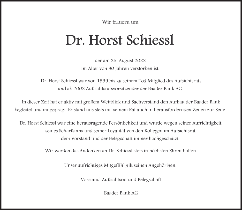  Traueranzeige für Horst Schiessl vom 03.09.2022 aus Süddeutsche Zeitung