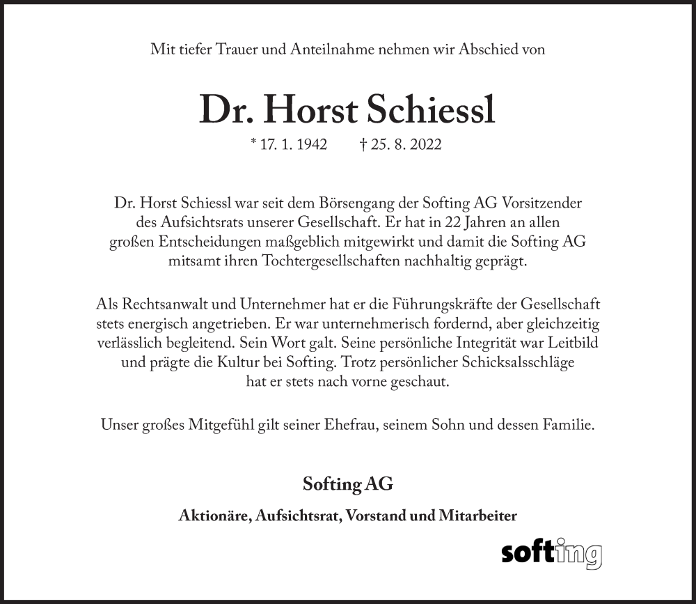  Traueranzeige für Horst Schiessl vom 03.09.2022 aus Süddeutsche Zeitung