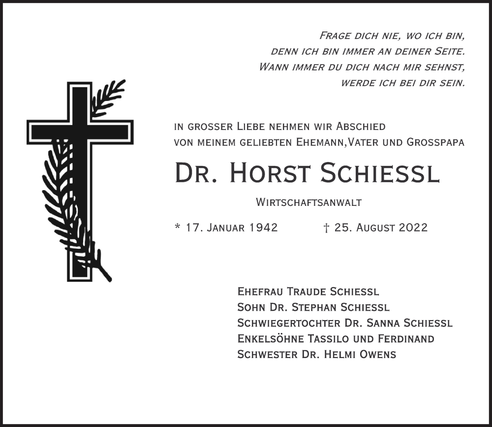  Traueranzeige für Horst Schiessl vom 03.09.2022 aus Süddeutsche Zeitung