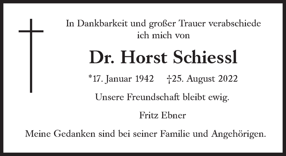  Traueranzeige für Horst Schiessl vom 03.09.2022 aus Süddeutsche Zeitung