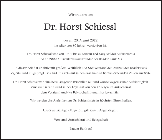 Traueranzeige von Horst Schiessl von Süddeutsche Zeitung