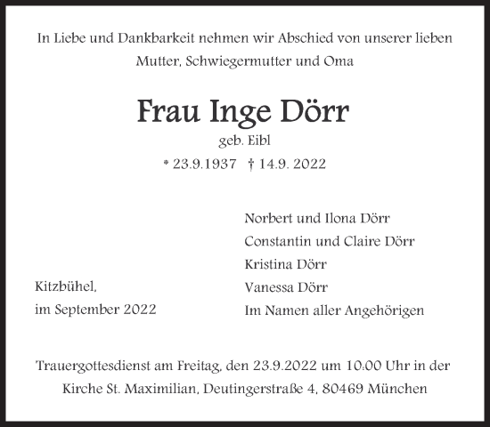 Traueranzeige von Inge Dörr von Süddeutsche Zeitung