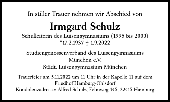 Traueranzeige von Irmgard Schulz von Süddeutsche Zeitung