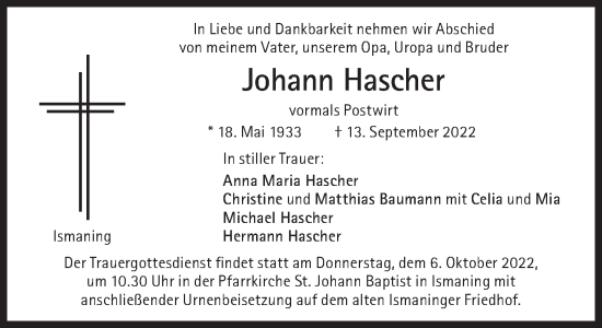 Traueranzeige von Johann Hascher von Süddeutsche Zeitung