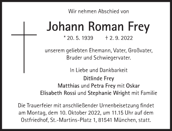 Traueranzeige von Johann Roman  Frey  von Süddeutsche Zeitung