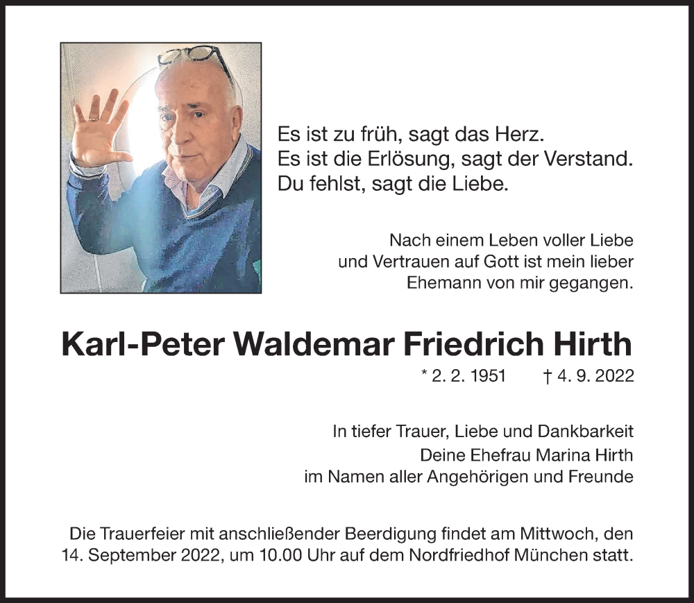  Traueranzeige für Karl-Peter Waldemar Friedrich Hirth vom 10.09.2022 aus Süddeutsche Zeitung