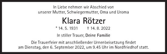 Traueranzeige von Klara Rötzer von Süddeutsche Zeitung