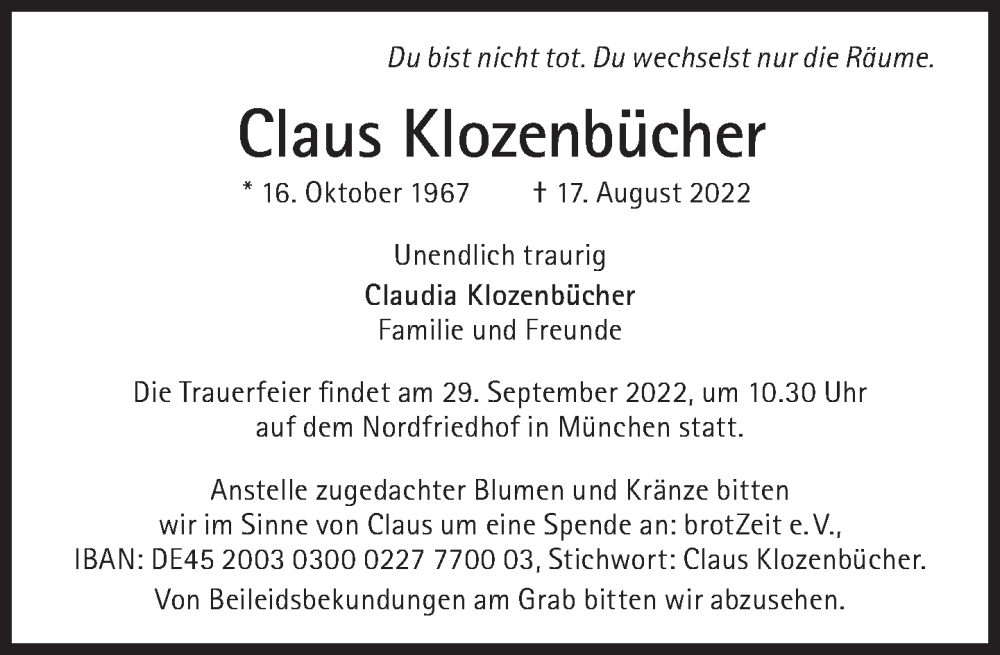  Traueranzeige für Klozenbücher Claus vom 24.09.2022 aus Süddeutsche Zeitung