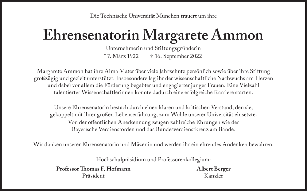  Traueranzeige für Margarete Ammon vom 24.09.2022 aus Süddeutsche Zeitung