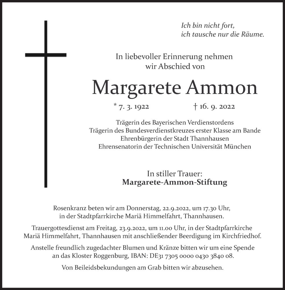  Traueranzeige für Margarete Ammon vom 21.09.2022 aus Süddeutsche Zeitung