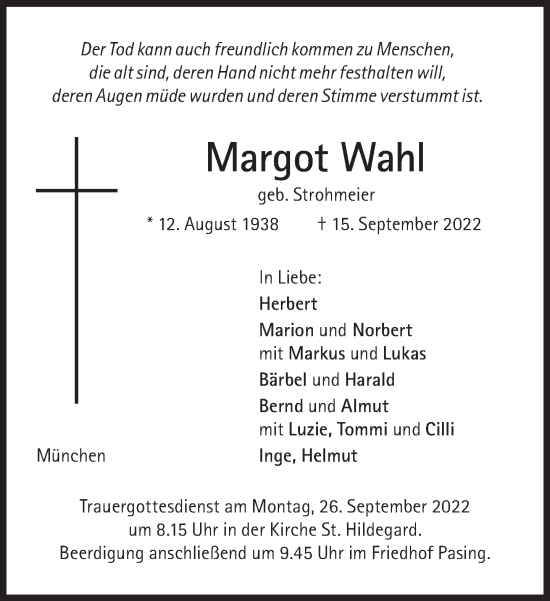 Traueranzeige von Margot Wahl von Süddeutsche Zeitung
