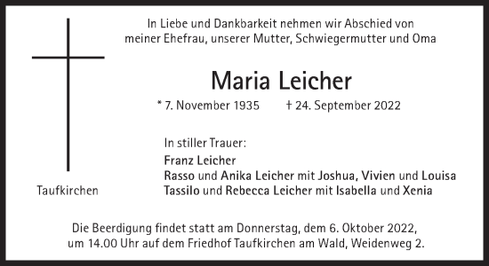Traueranzeige von Maria Leicher von Süddeutsche Zeitung