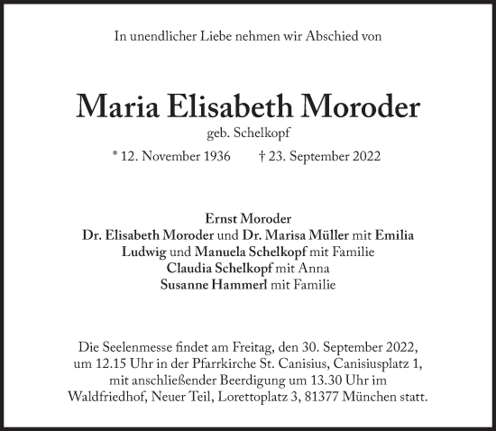 Traueranzeige von Maria Elisabeth Moroder  von Süddeutsche Zeitung