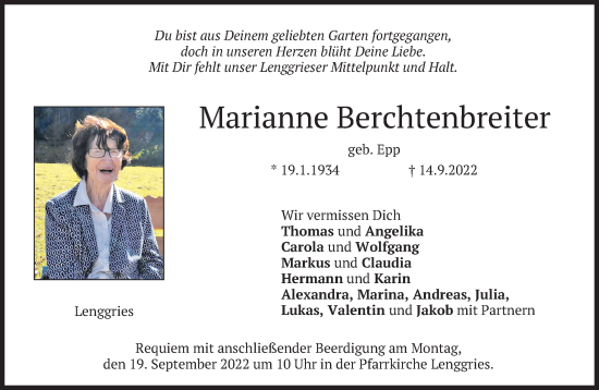 Traueranzeige von Marianne Berchtenbreiter von Süddeutsche Zeitung