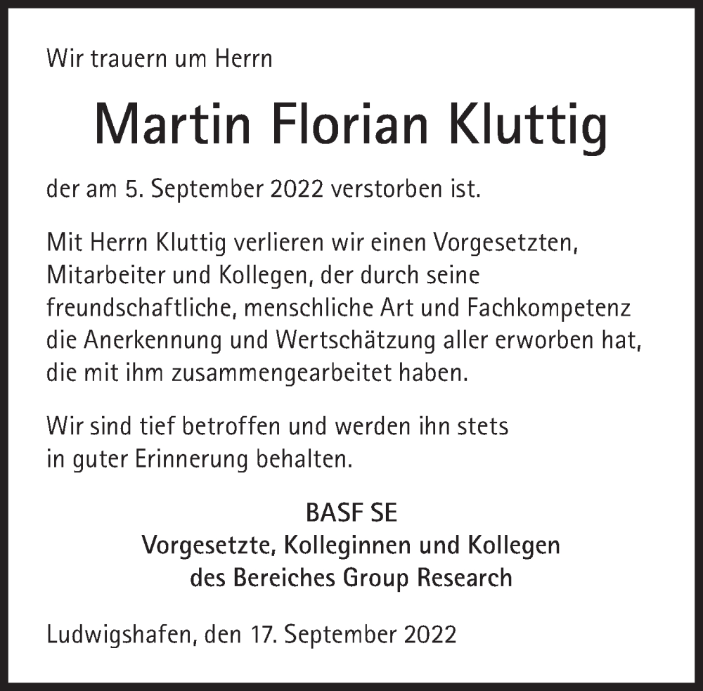  Traueranzeige für Martin Florian Kluttig vom 17.09.2022 aus Süddeutsche Zeitung