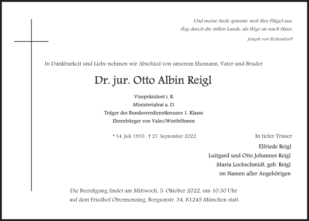  Traueranzeige für Otto Albin Reigl vom 01.10.2022 aus Süddeutsche Zeitung
