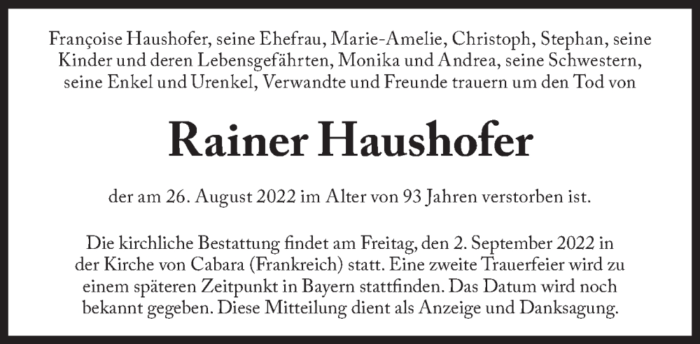  Traueranzeige für Rainer Haushofer vom 02.09.2022 aus Süddeutsche Zeitung