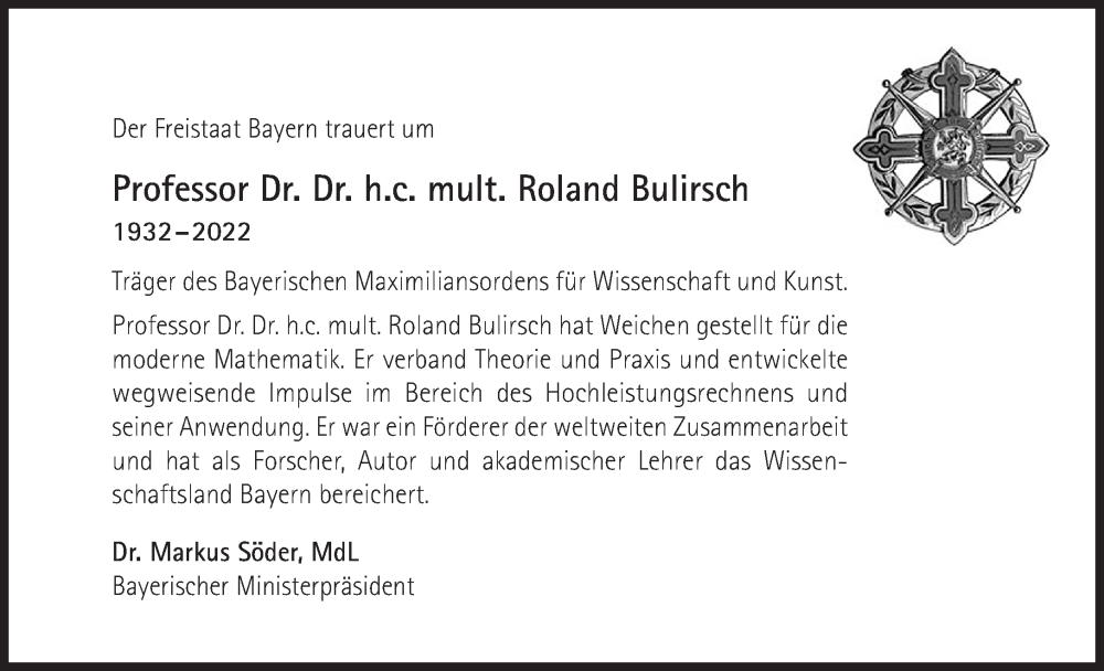 Traueranzeige für Roland Bulirsch vom 01.10.2022 aus Süddeutsche Zeitung