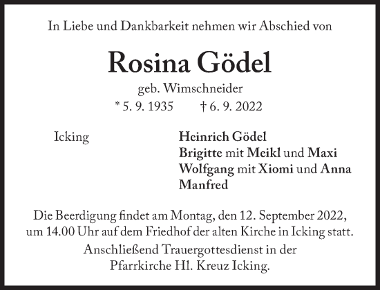 Traueranzeige von Rosina Gödel von Süddeutsche Zeitung