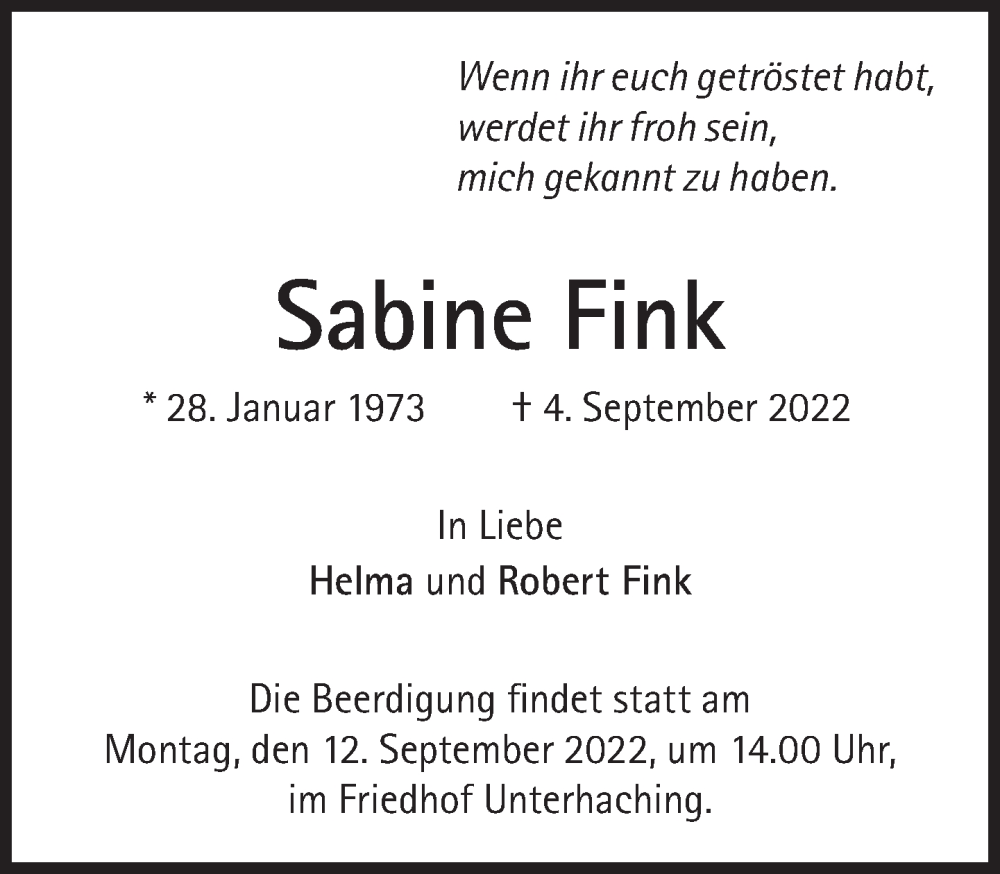  Traueranzeige für Sabine Fink vom 10.09.2022 aus Süddeutsche Zeitung