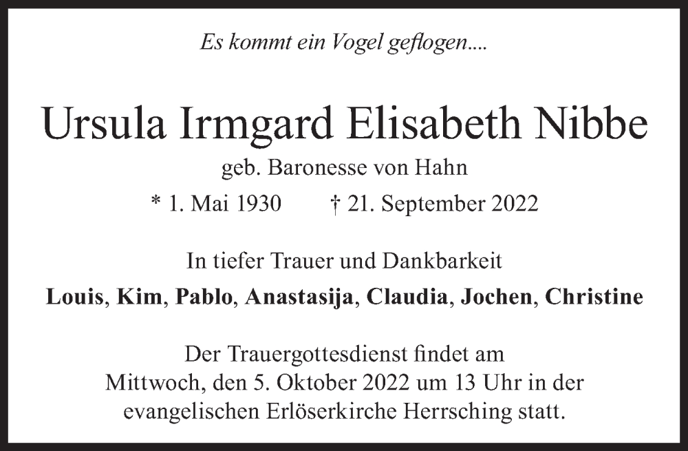  Traueranzeige für Ursula Irmgard Elisabeth Nibbe vom 24.09.2022 aus Süddeutsche Zeitung