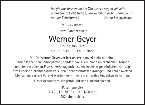 Traueranzeige von Werner Geyer von Süddeutsche Zeitung