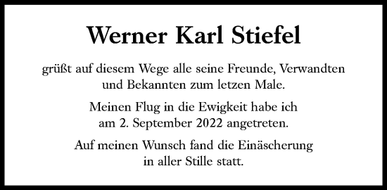 Traueranzeige von Werner Karl  Stiefel von Süddeutsche Zeitung